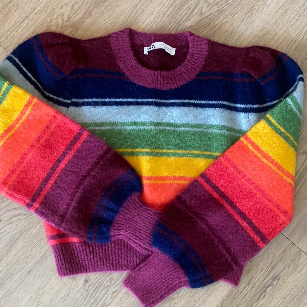 Zara rainbow long sleeve puff shoulder sweater. Never worn